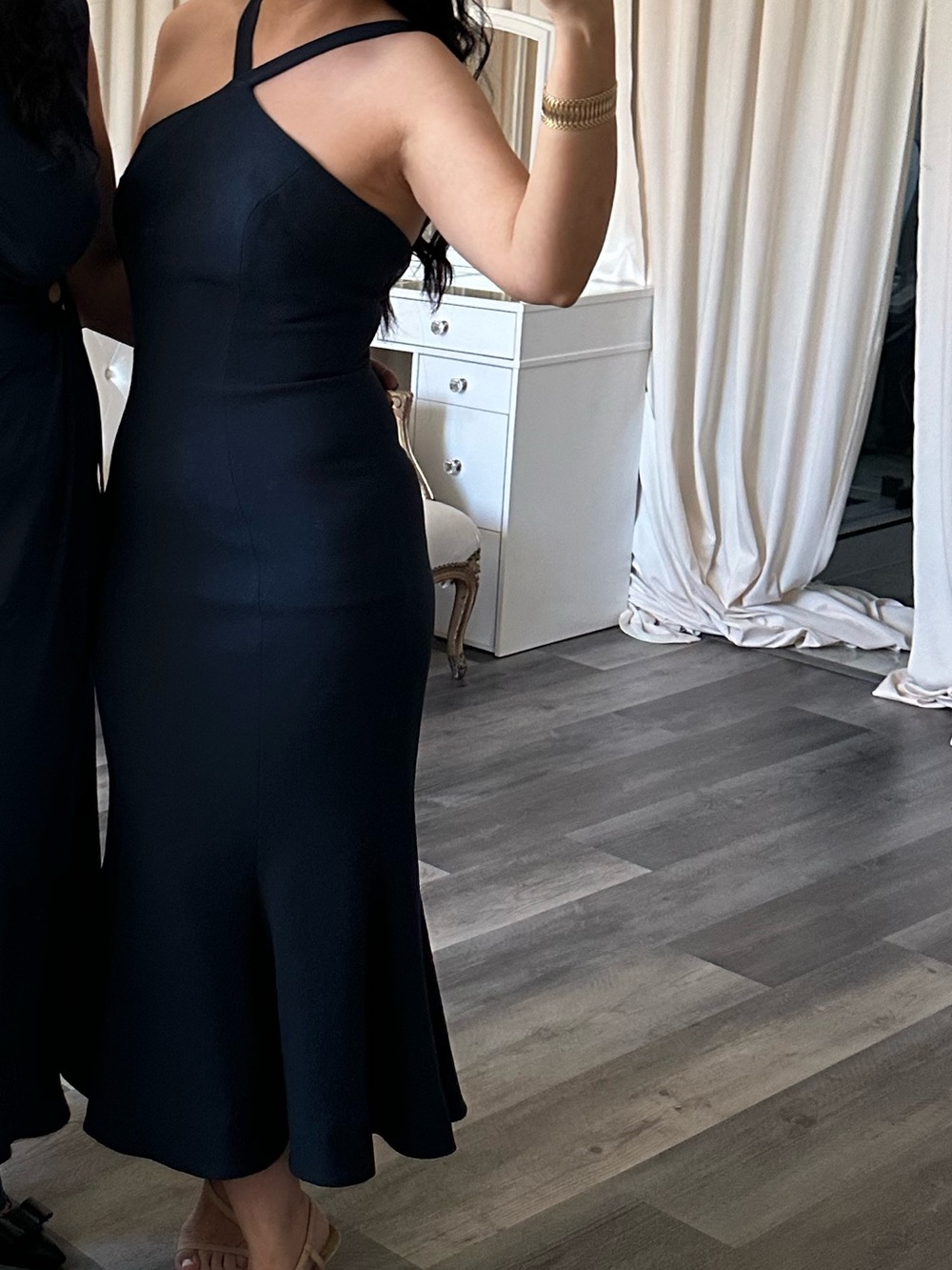Elegant Navy Asymmetric-Strap Midi Dress - Women's